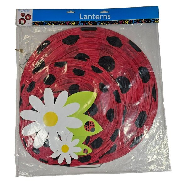 3-Pack Ladybug Paper Lanterns w/ Daisies NEW SEALED 3 Sizes 8" 12" 16" Party - Picture 1 of 5